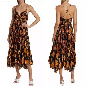 Jonathan Simkhai Portia Pleated Floral Satin Midi-Dress Handkerchief Hem Cross